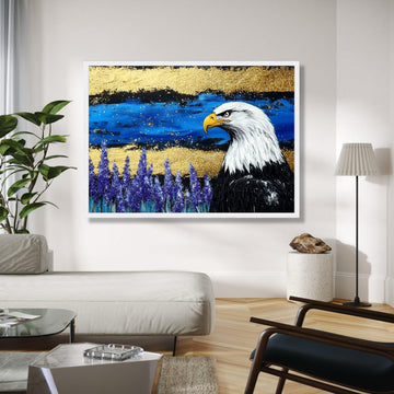 Majestic Bald Eagle Canvas Wall Art, Wildlife Painting, Blue and Gold Abstract Background, Nature Decor, Ready Gift Art, Home Decor, Print