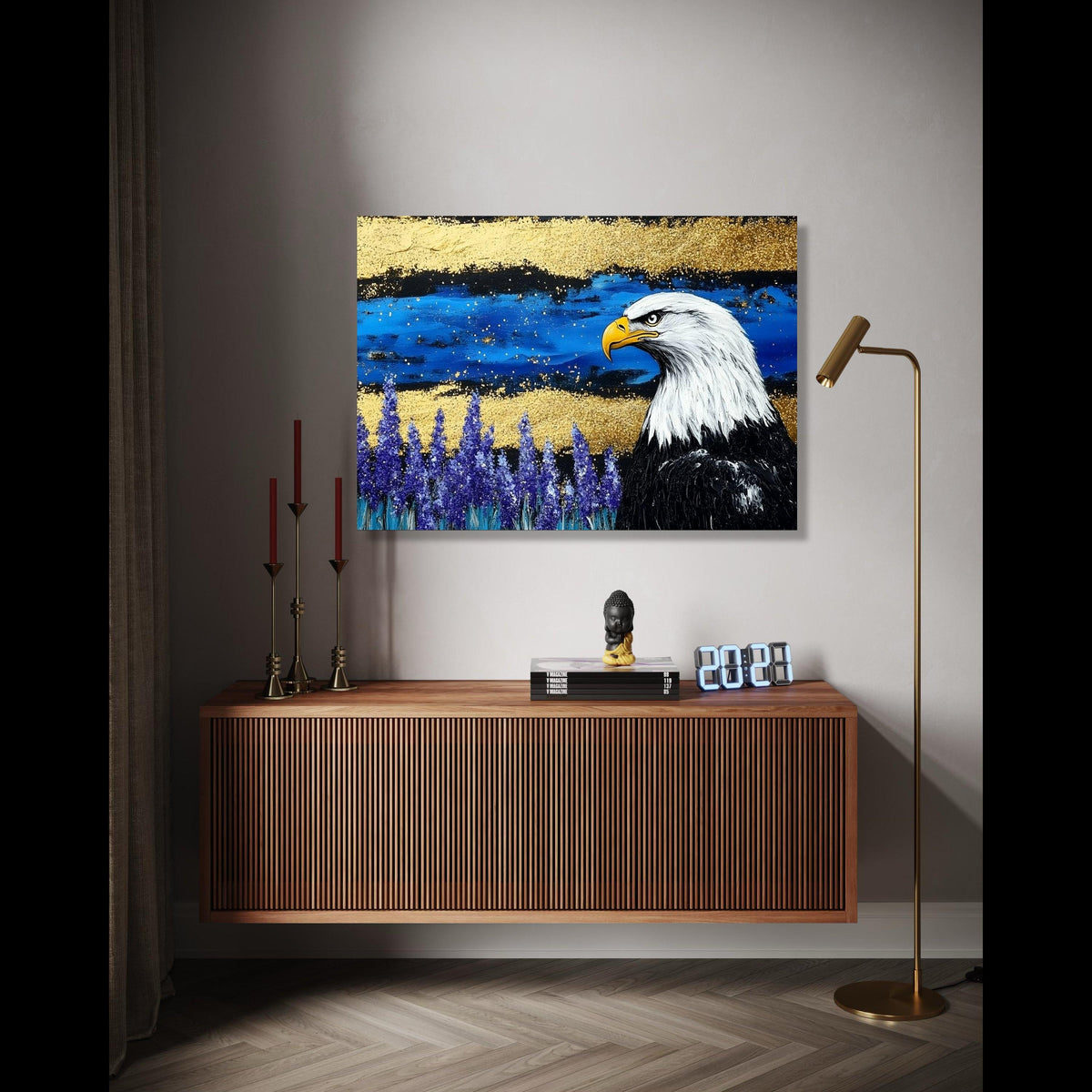 Majestic Bald Eagle Canvas Wall Art, Wildlife Painting, Blue and Gold Abstract Background, Nature Decor, Ready Gift Art, Home Decor, Print