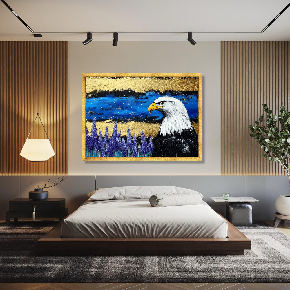 Majestic Bald Eagle Canvas Wall Art, Wildlife Painting, Blue and Gold Abstract Background, Nature Decor, Ready Gift Art, Home Decor, Print