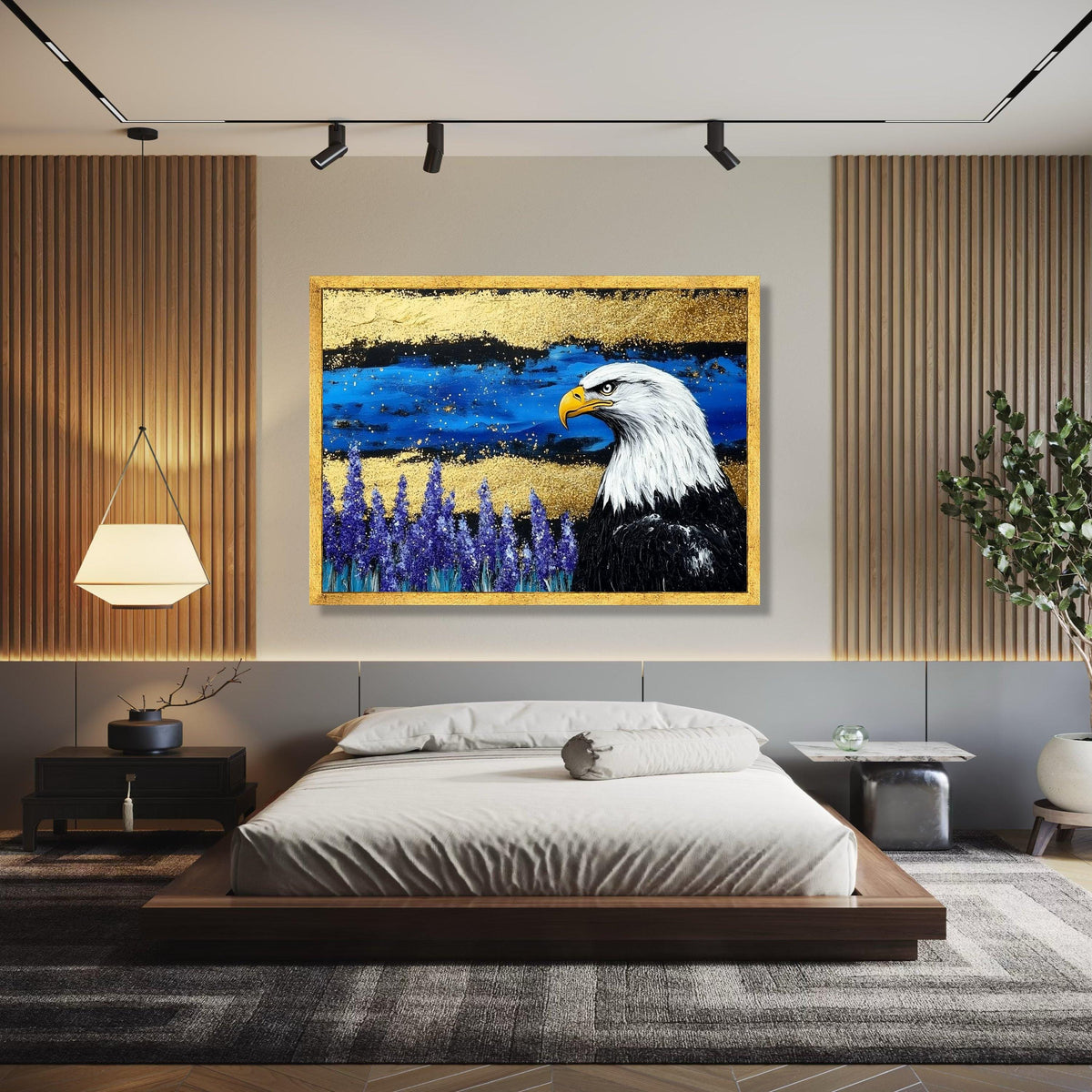 Majestic Bald Eagle Canvas Wall Art, Wildlife Painting, Blue and Gold Abstract Background, Nature Decor, Ready Gift Art, Home Decor, Print