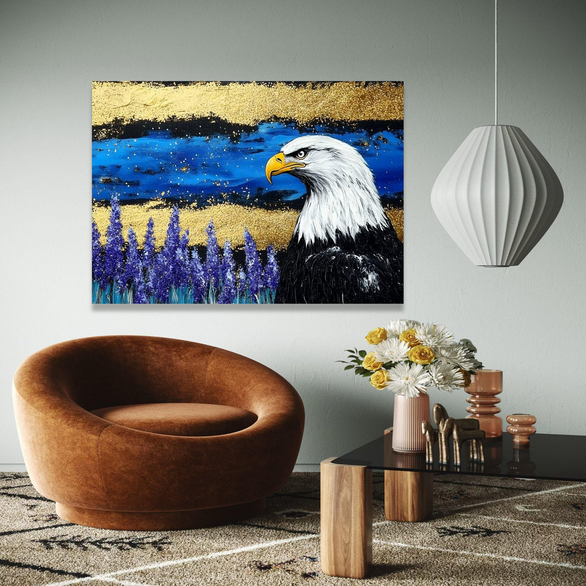 Majestic Bald Eagle Canvas Wall Art, Wildlife Painting, Blue and Gold Abstract Background, Nature Decor, Ready Gift Art, Home Decor, Print