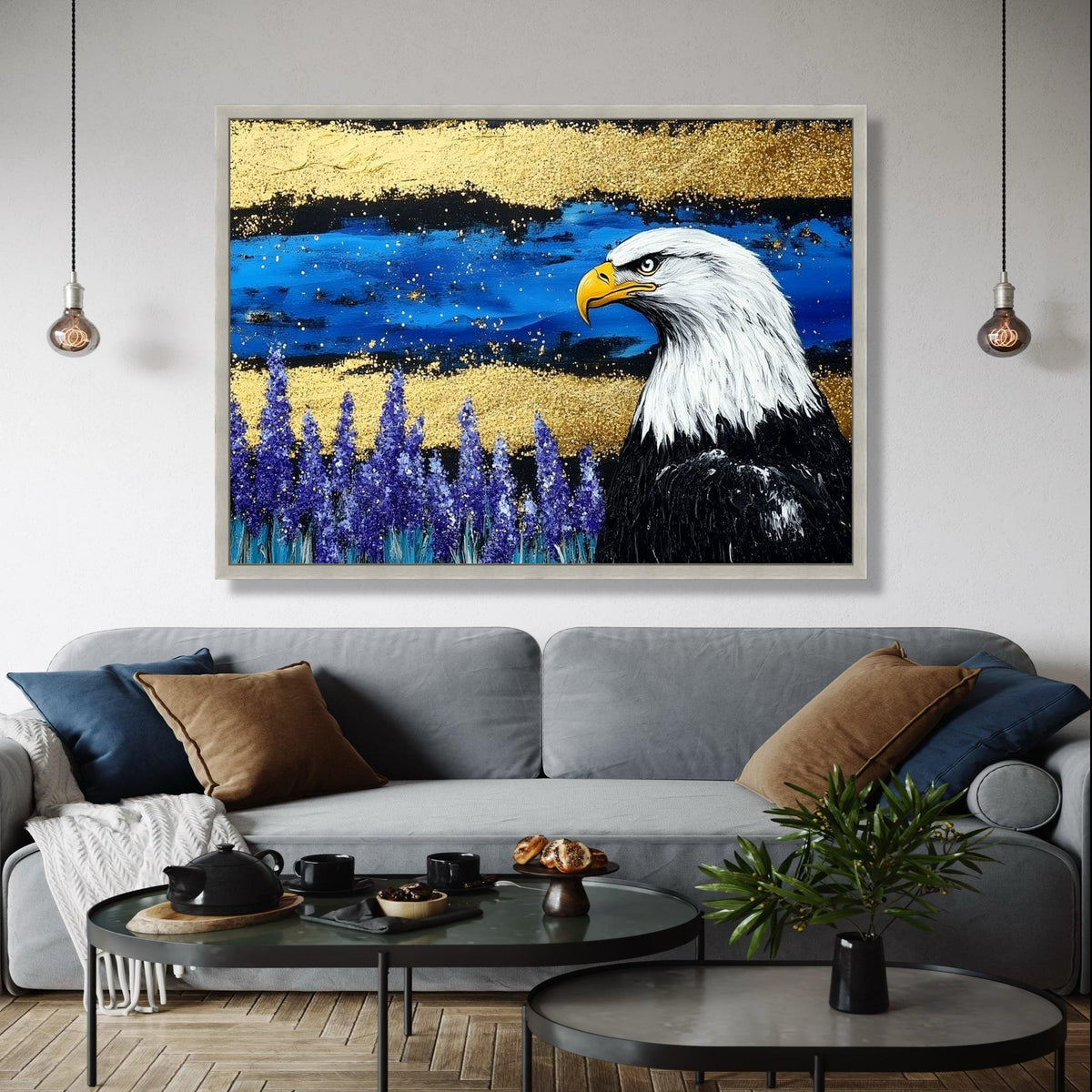 Majestic Bald Eagle Canvas Wall Art, Wildlife Painting, Blue and Gold Abstract Background, Nature Decor, Ready Gift Art, Home Decor, Print
