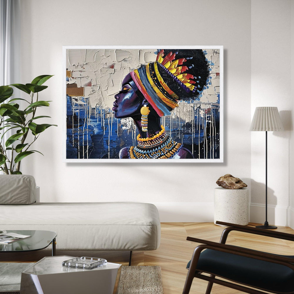 Vibrant African Queen Canvas, Tribal Woman Portrait Wall Art, Colorful Headwrap and Jewelry, Modern Canvas Gift Art, Home Decor, Print