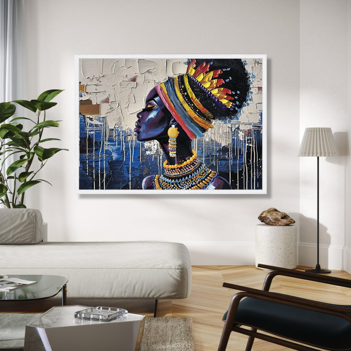 Vibrant African Queen Canvas, Tribal Woman Portrait Wall Art, Colorful Headwrap and Jewelry, Modern Canvas Gift Art, Home Decor, Print