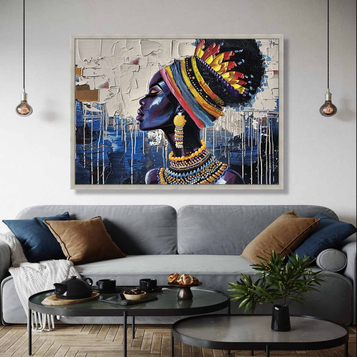 Vibrant African Queen Canvas, Tribal Woman Portrait Wall Art, Colorful Headwrap and Jewelry, Modern Canvas Gift Art, Home Decor, Print