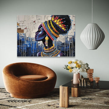 Vibrant African Queen Canvas, Tribal Woman Portrait Wall Art, Colorful Headwrap and Jewelry, Modern Canvas Gift Art, Home Decor, Print