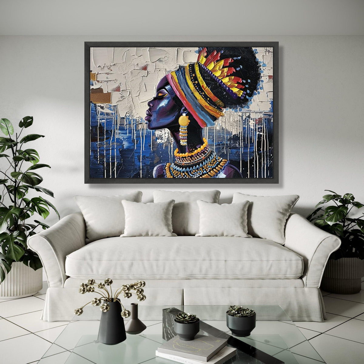 Vibrant African Queen Canvas, Tribal Woman Portrait Wall Art, Colorful Headwrap and Jewelry, Modern Canvas Gift Art, Home Decor, Print