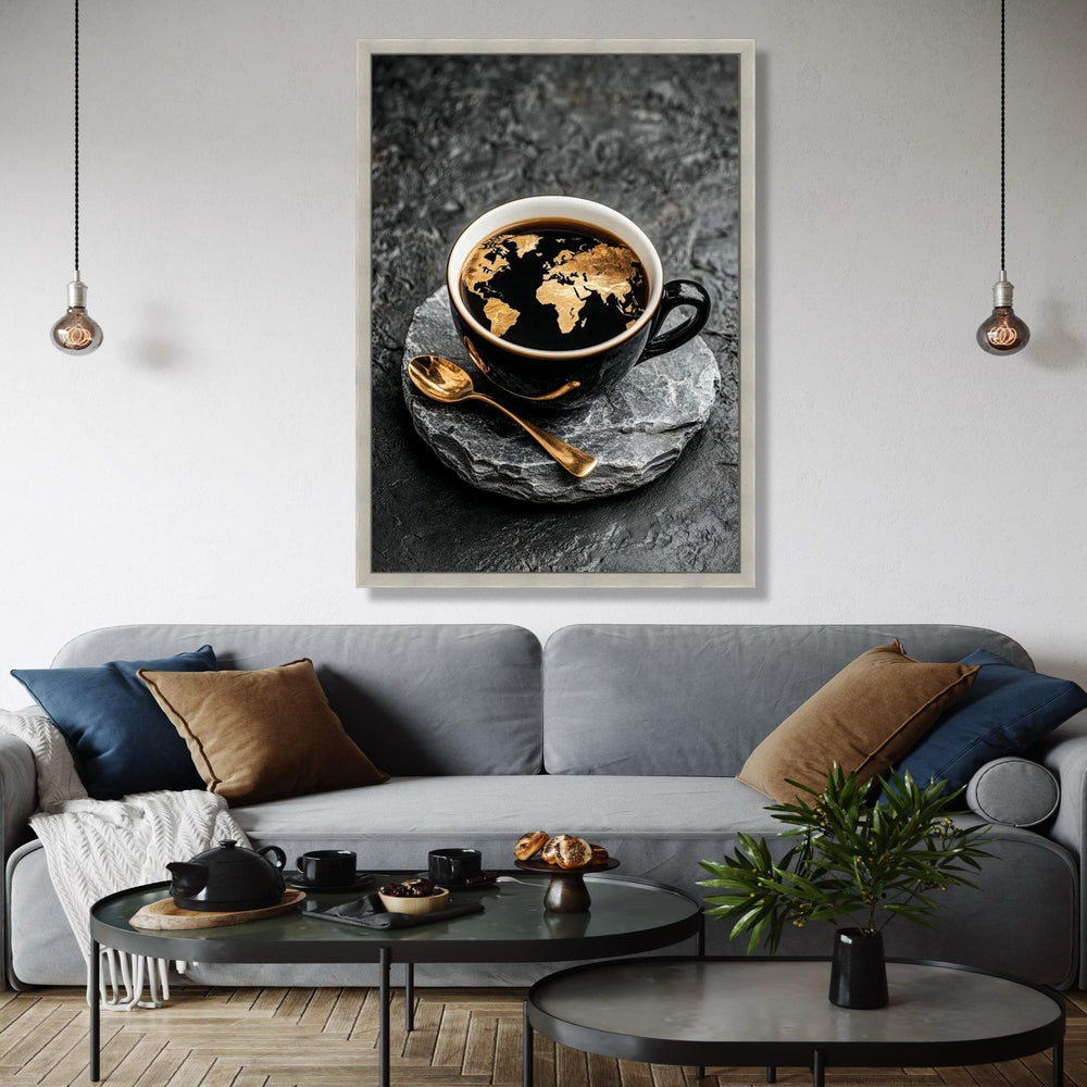 World Map Coffee Art Canvas, Black Cup with Golden Map Design, Modern Kitchen Wall Decor, Global Travel Theme Gift Art, Home Decor, Print