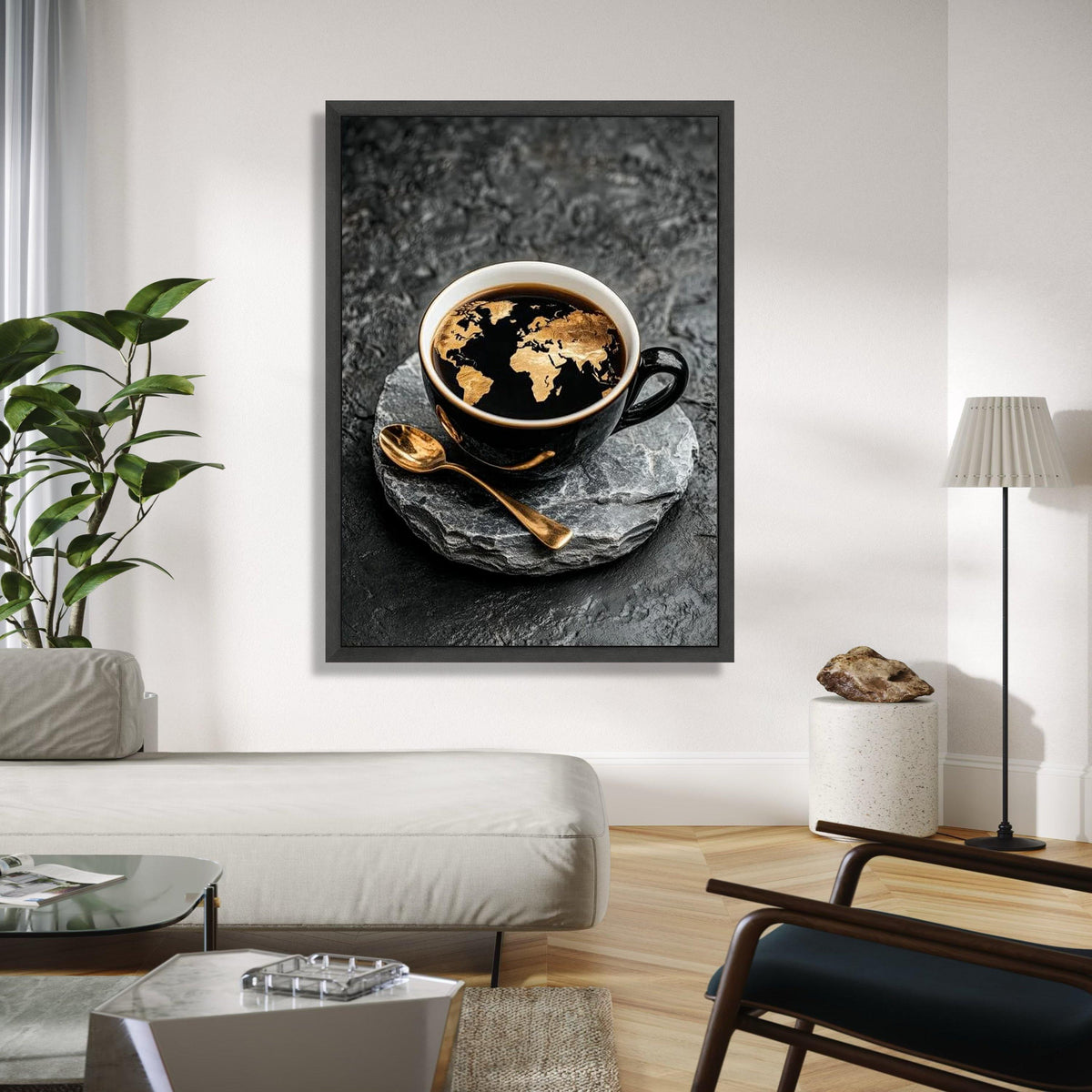 World Map Coffee Art Canvas, Black Cup with Golden Map Design, Modern Kitchen Wall Decor, Global Travel Theme Gift Art, Home Decor, Print