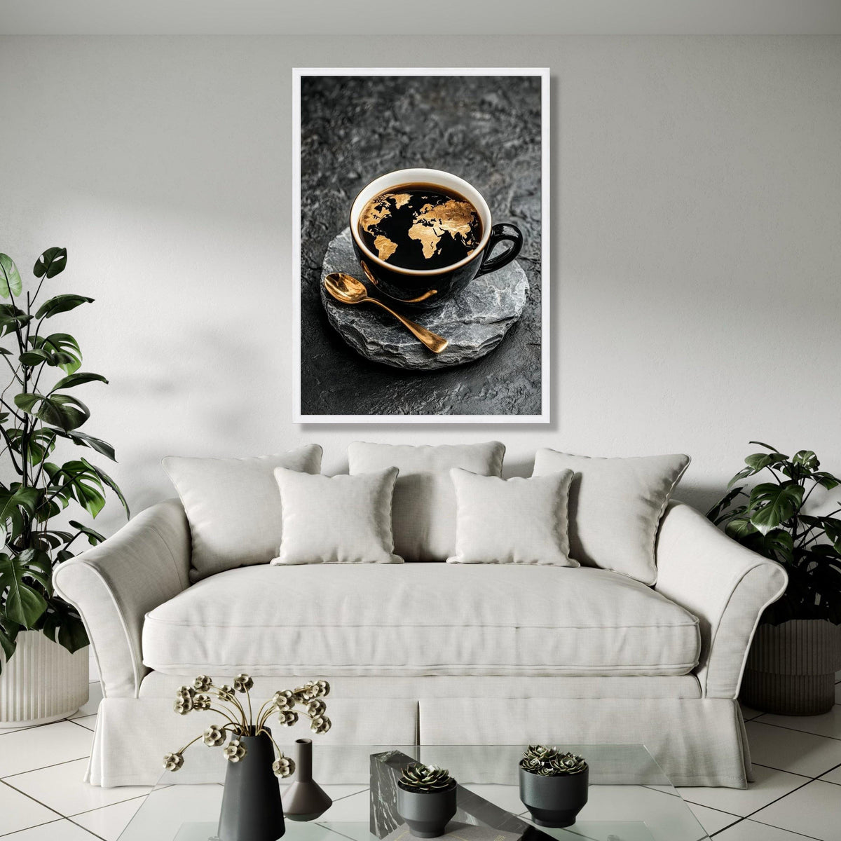 World Map Coffee Art Canvas, Black Cup with Golden Map Design, Modern Kitchen Wall Decor, Global Travel Theme Gift Art, Home Decor, Print