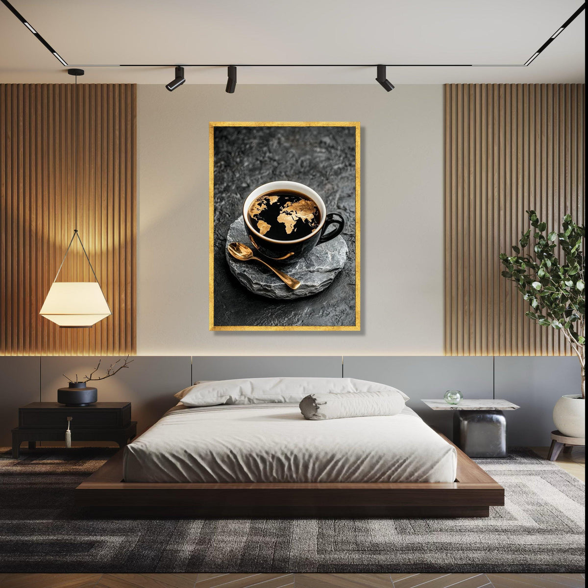 World Map Coffee Art Canvas, Black Cup with Golden Map Design, Modern Kitchen Wall Decor, Global Travel Theme Gift Art, Home Decor, Print
