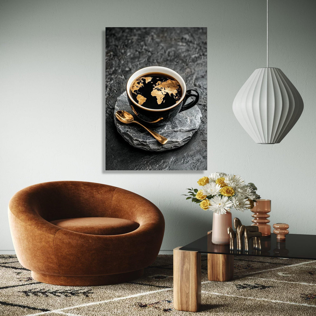 World Map Coffee Art Canvas, Black Cup with Golden Map Design, Modern Kitchen Wall Decor, Global Travel Theme Gift Art, Home Decor, Print