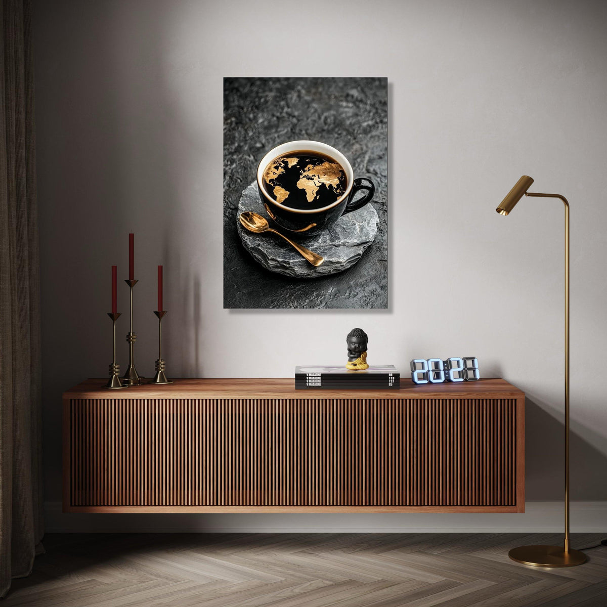 World Map Coffee Art Canvas, Black Cup with Golden Map Design, Modern Kitchen Wall Decor, Global Travel Theme Gift Art, Home Decor, Print
