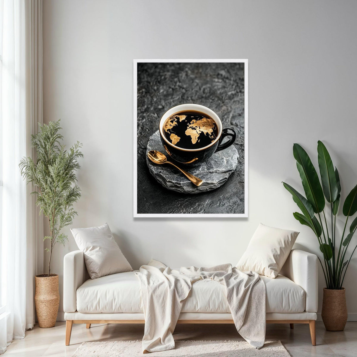 World Map Coffee Art Canvas, Black Cup with Golden Map Design, Modern Kitchen Wall Decor, Global Travel Theme Gift Art, Home Decor, Print