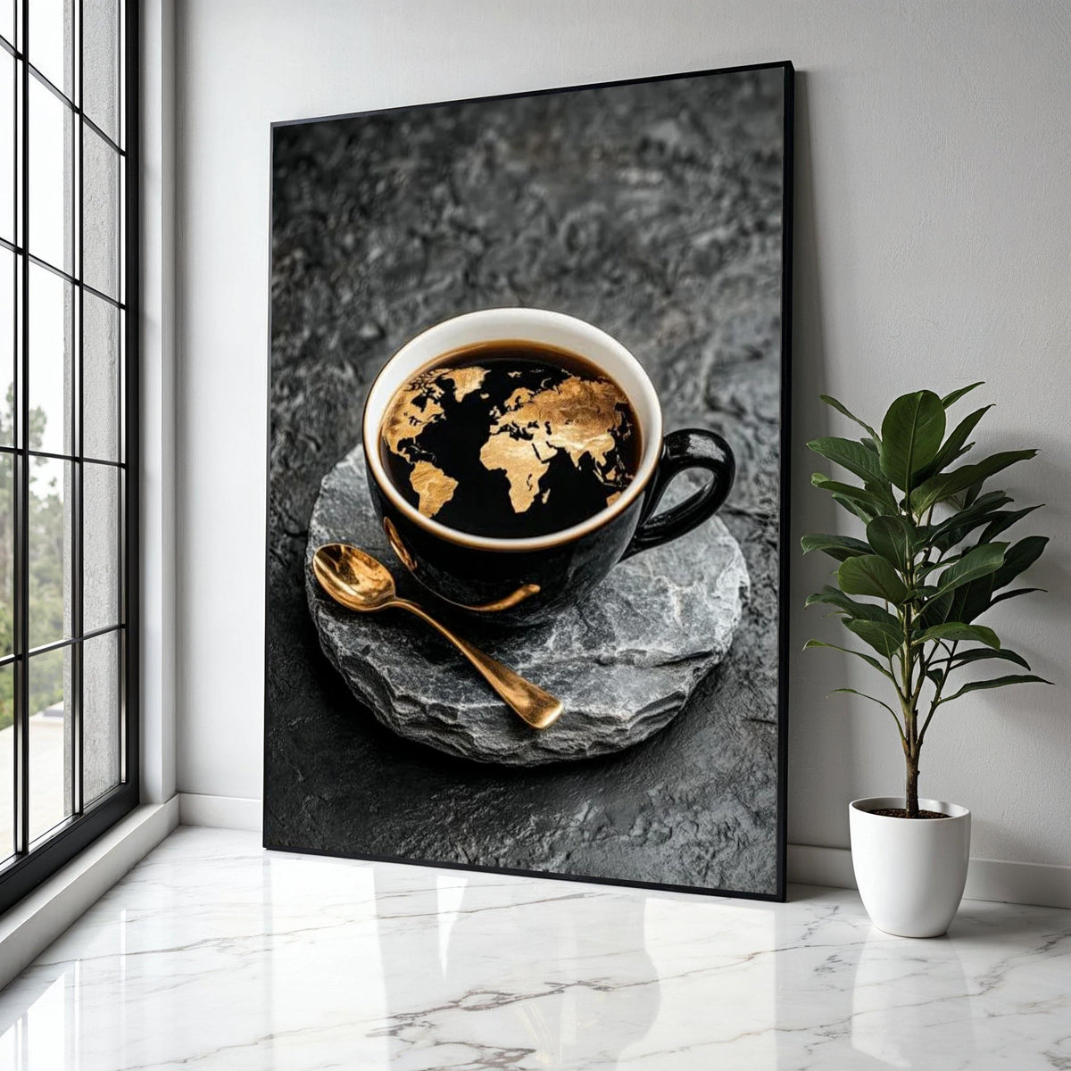 World Map Coffee Art Canvas, Black Cup with Golden Map Design, Modern Kitchen Wall Decor, Global Travel Theme Gift Art, Home Decor, Print