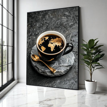 World Map Coffee Art Canvas, Black Cup with Golden Map Design, Modern Kitchen Wall Decor, Global Travel Theme Gift Art, Home Decor, Print