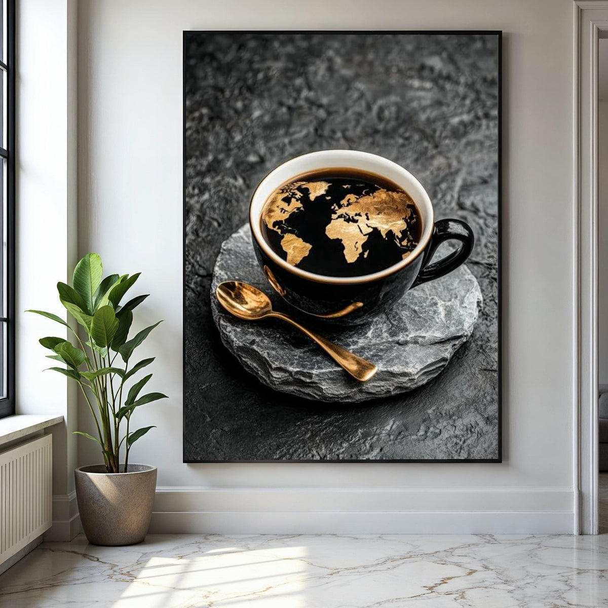 World Map Coffee Art Canvas, Black Cup with Golden Map Design, Modern Kitchen Wall Decor, Global Travel Theme Gift Art, Home Decor, Print