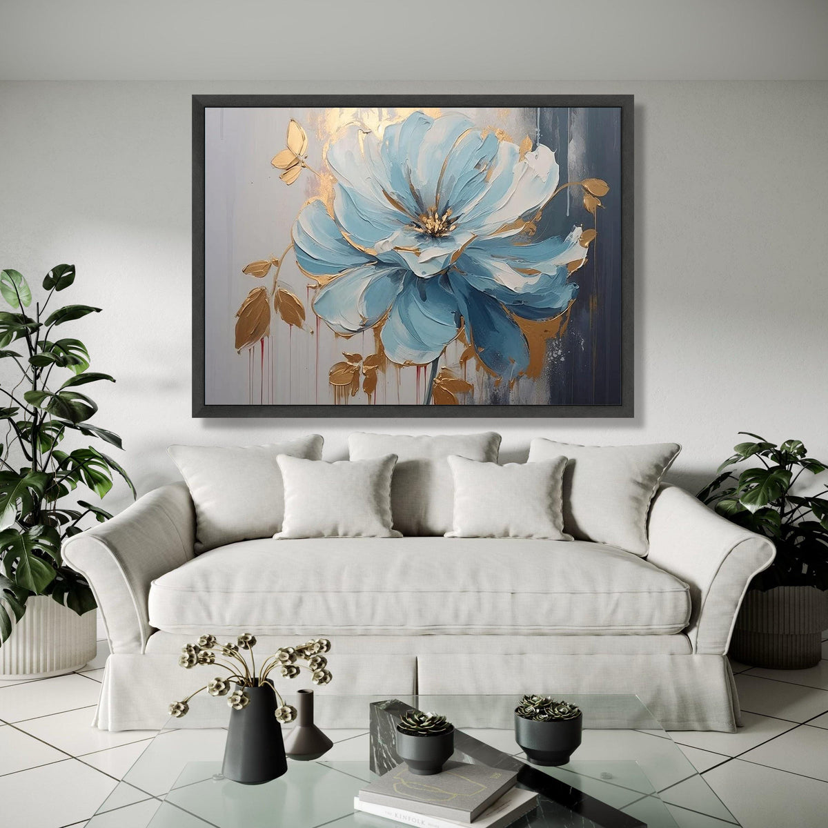 Blue and Gold Floral Canvas Wall Art, Abstract Flower Painting, Modern Botanical Decor, Canvas Art, Home Gift Art, Home Decor, Print