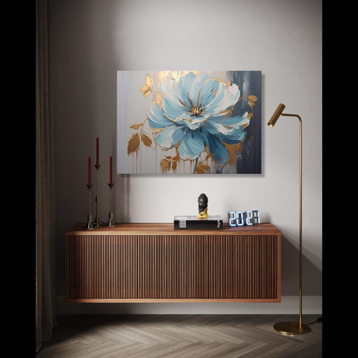 Blue and Gold Floral Canvas Wall Art, Abstract Flower Painting, Modern Botanical Decor, Canvas Art, Home Gift Art, Home Decor, Print