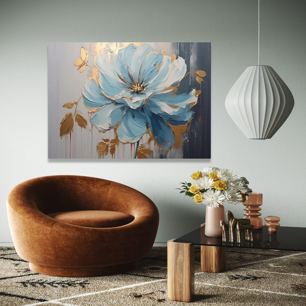 Blue and Gold Floral Canvas Wall Art, Abstract Flower Painting, Modern Botanical Decor, Canvas Art, Home Gift Art, Home Decor, Print