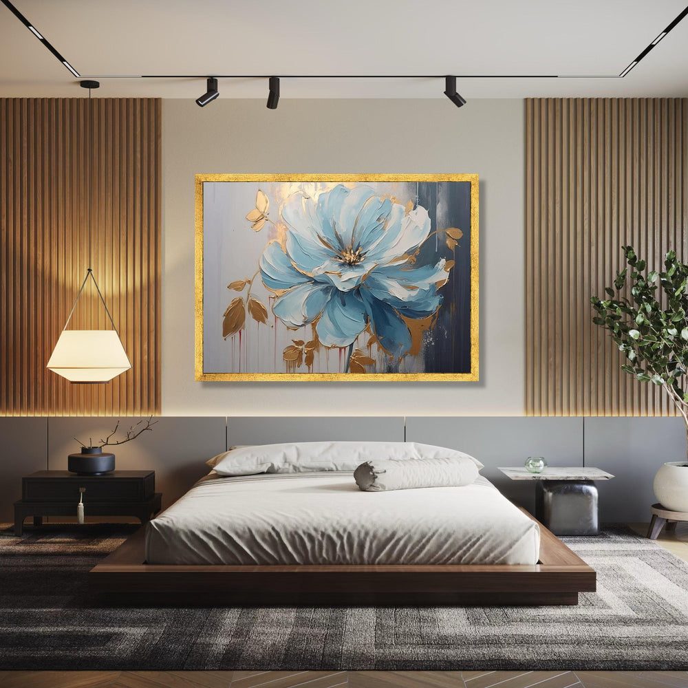 Blue and Gold Floral Canvas Wall Art, Abstract Flower Painting, Modern Botanical Decor, Canvas Art, Home Gift Art, Home Decor, Print