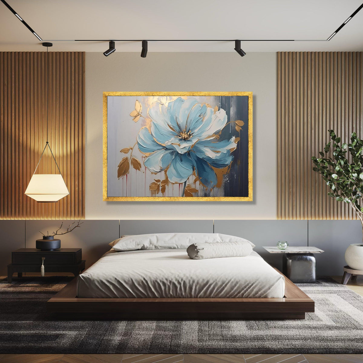 Blue and Gold Floral Canvas Wall Art, Abstract Flower Painting, Modern Botanical Decor, Canvas Art, Home Gift Art, Home Decor, Print