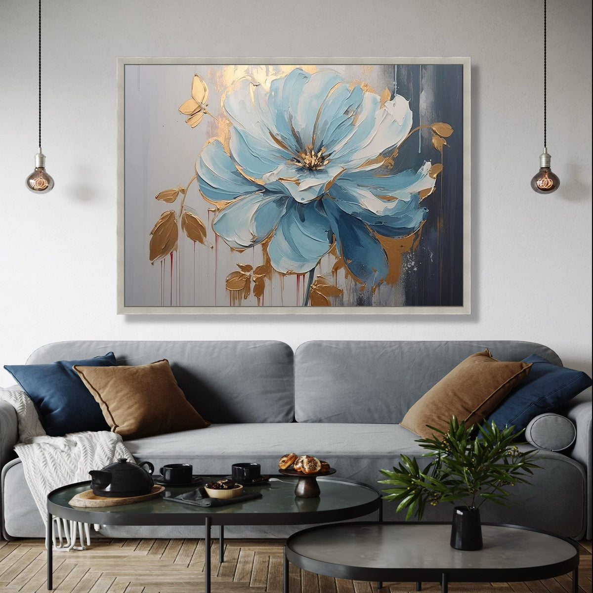 Blue and Gold Floral Canvas Wall Art, Abstract Flower Painting, Modern Botanical Decor, Canvas Art, Home Gift Art, Home Decor, Print