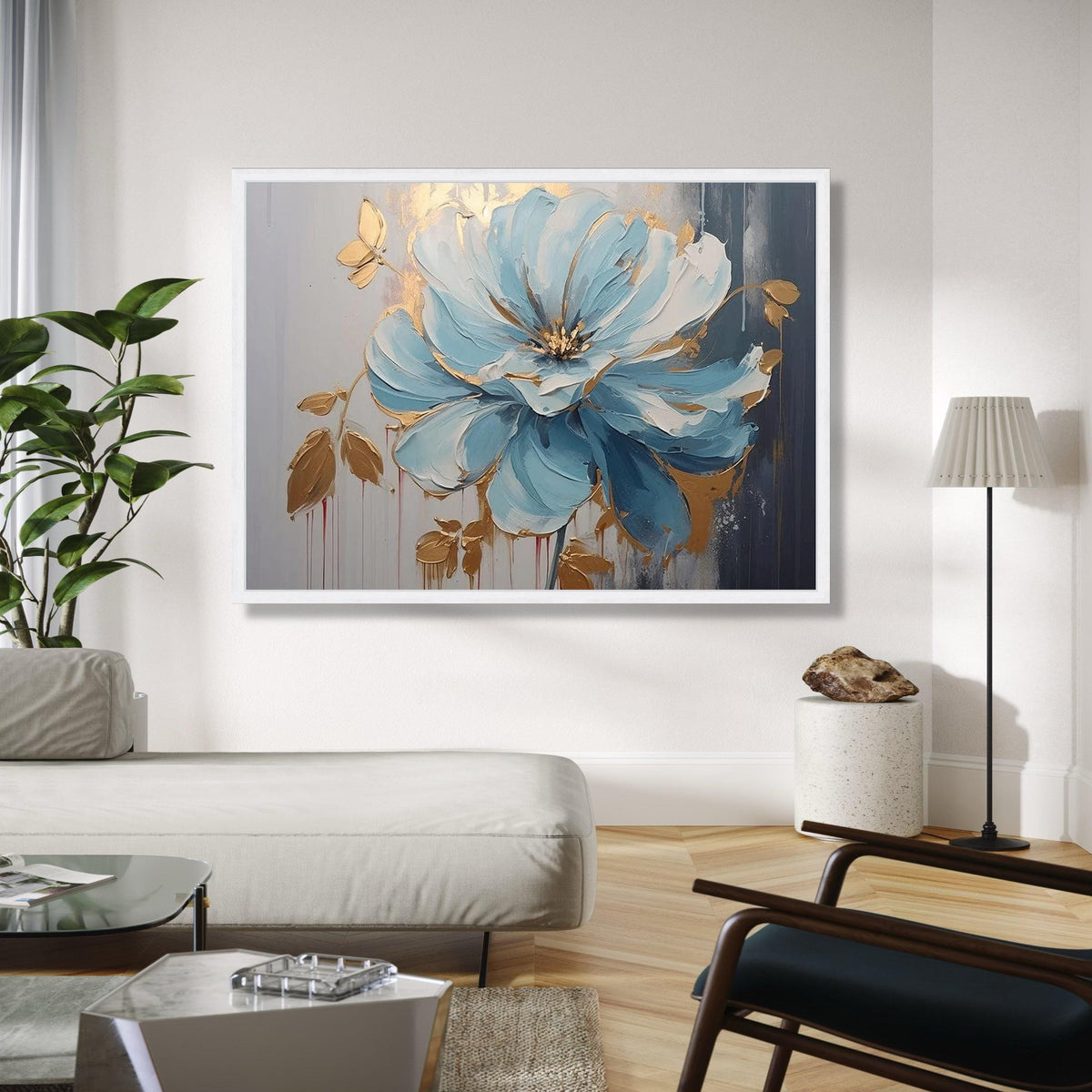 Blue and Gold Floral Canvas Wall Art, Abstract Flower Painting, Modern Botanical Decor, Canvas Art, Home Gift Art, Home Decor, Print