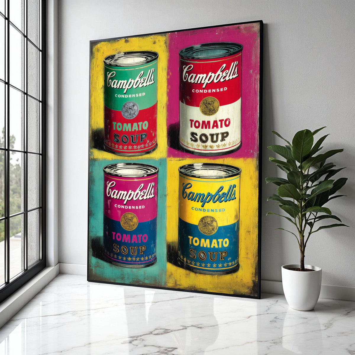 Pop Art Campbell’s Soup Cans Canvas, Colorful Retro Kitchen Wall Art, Vintage Food Illustration, Modern Home Gift Art, Home Decor, Print