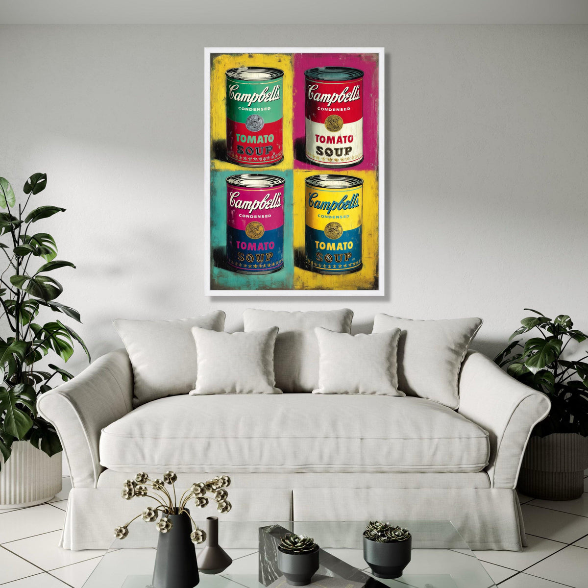 Pop Art Campbell’s Soup Cans Canvas, Colorful Retro Kitchen Wall Art, Vintage Food Illustration, Modern Home Gift Art, Home Decor, Print