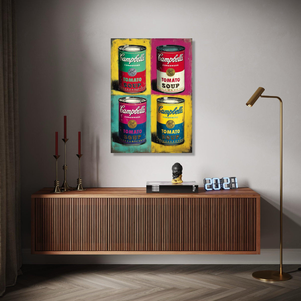 Pop Art Campbell’s Soup Cans Canvas, Colorful Retro Kitchen Wall Art, Vintage Food Illustration, Modern Home Gift Art, Home Decor, Print