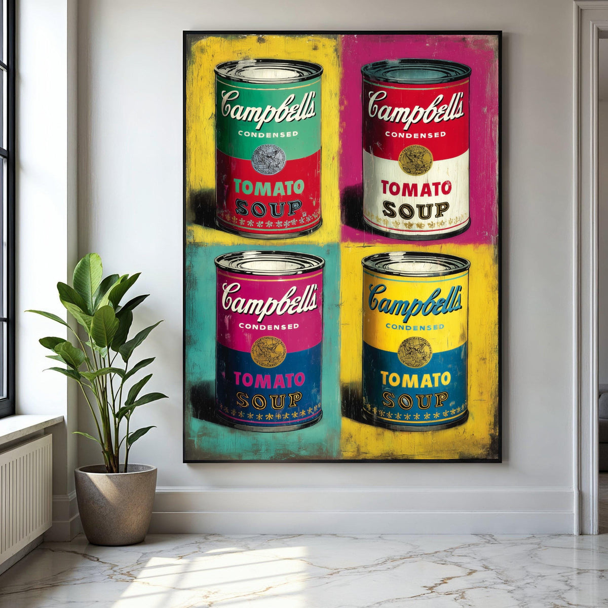 Pop Art Campbell’s Soup Cans Canvas, Colorful Retro Kitchen Wall Art, Vintage Food Illustration, Modern Home Gift Art, Home Decor, Print
