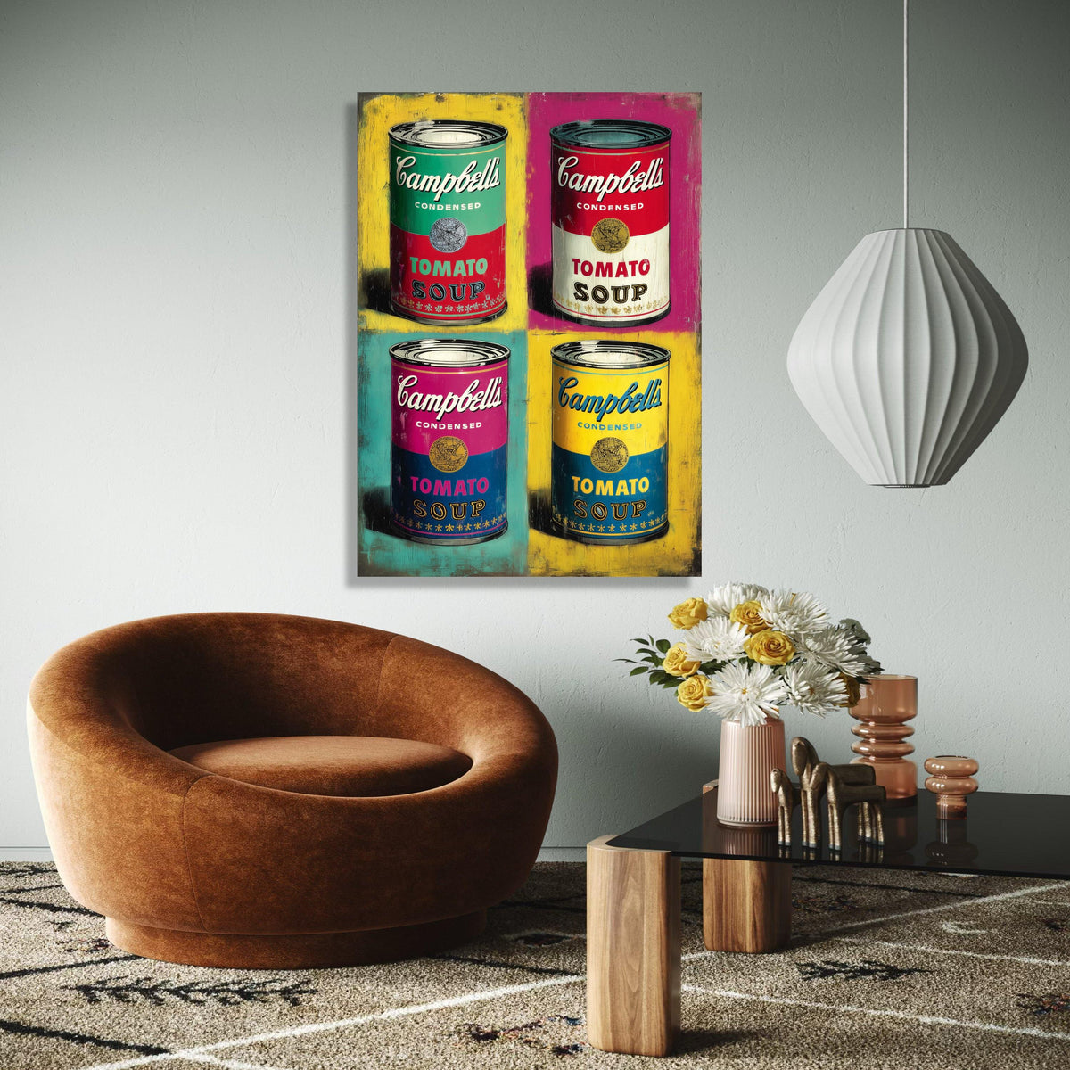 Pop Art Campbell’s Soup Cans Canvas, Colorful Retro Kitchen Wall Art, Vintage Food Illustration, Modern Home Gift Art, Home Decor, Print