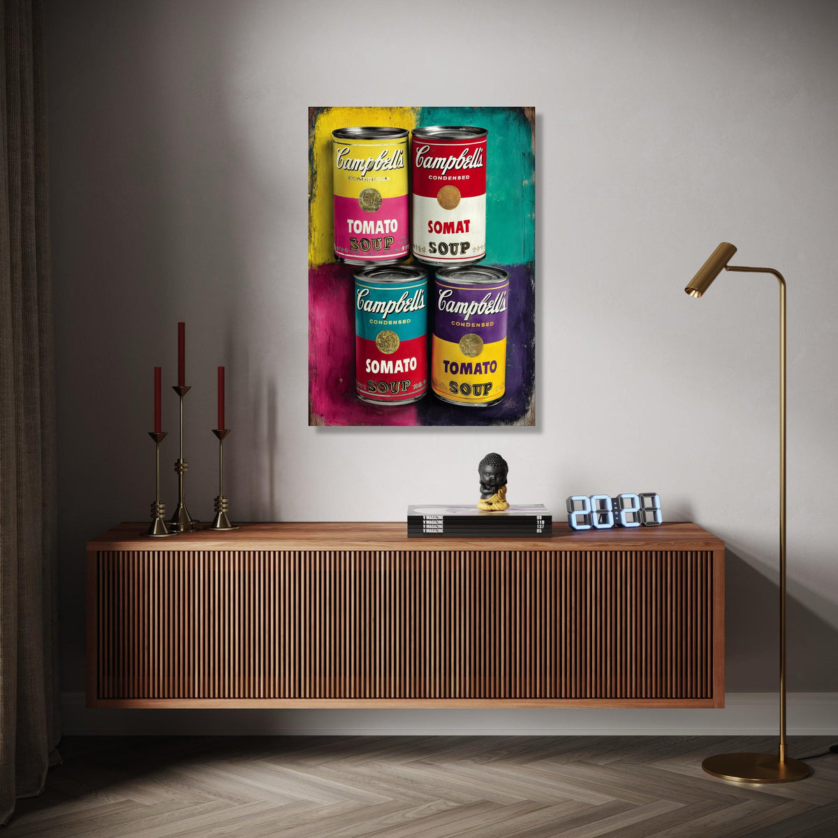 Colorful Campbell's Soup Cans, Pop Art Canvas, Retro Kitchen Wall Decor, Vintage Food Canisters Canvas, Bright Gift Art, Home Decor, Print