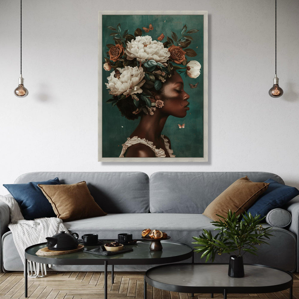 Elegant African Woman Portrait Canvas, Floral Crown Wall Art, Butterfly Decor, Nature Inspired Home Decoration, Gift Art, Home Decor, Print