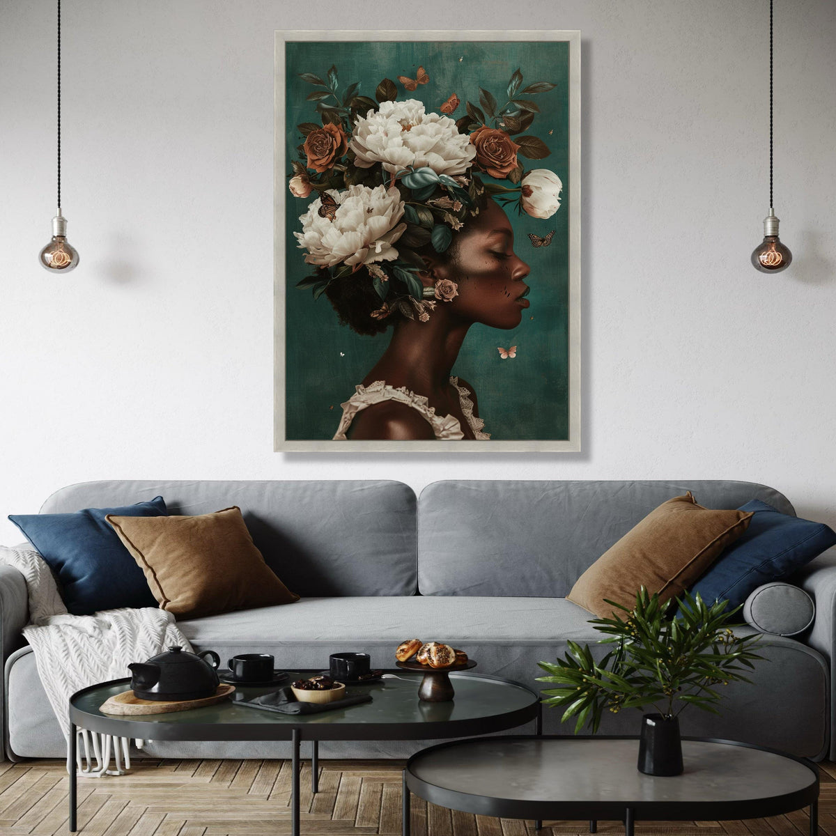 Elegant African Woman Portrait Canvas, Floral Crown Wall Art, Butterfly Decor, Nature Inspired Home Decoration, Gift Art, Home Decor, Print