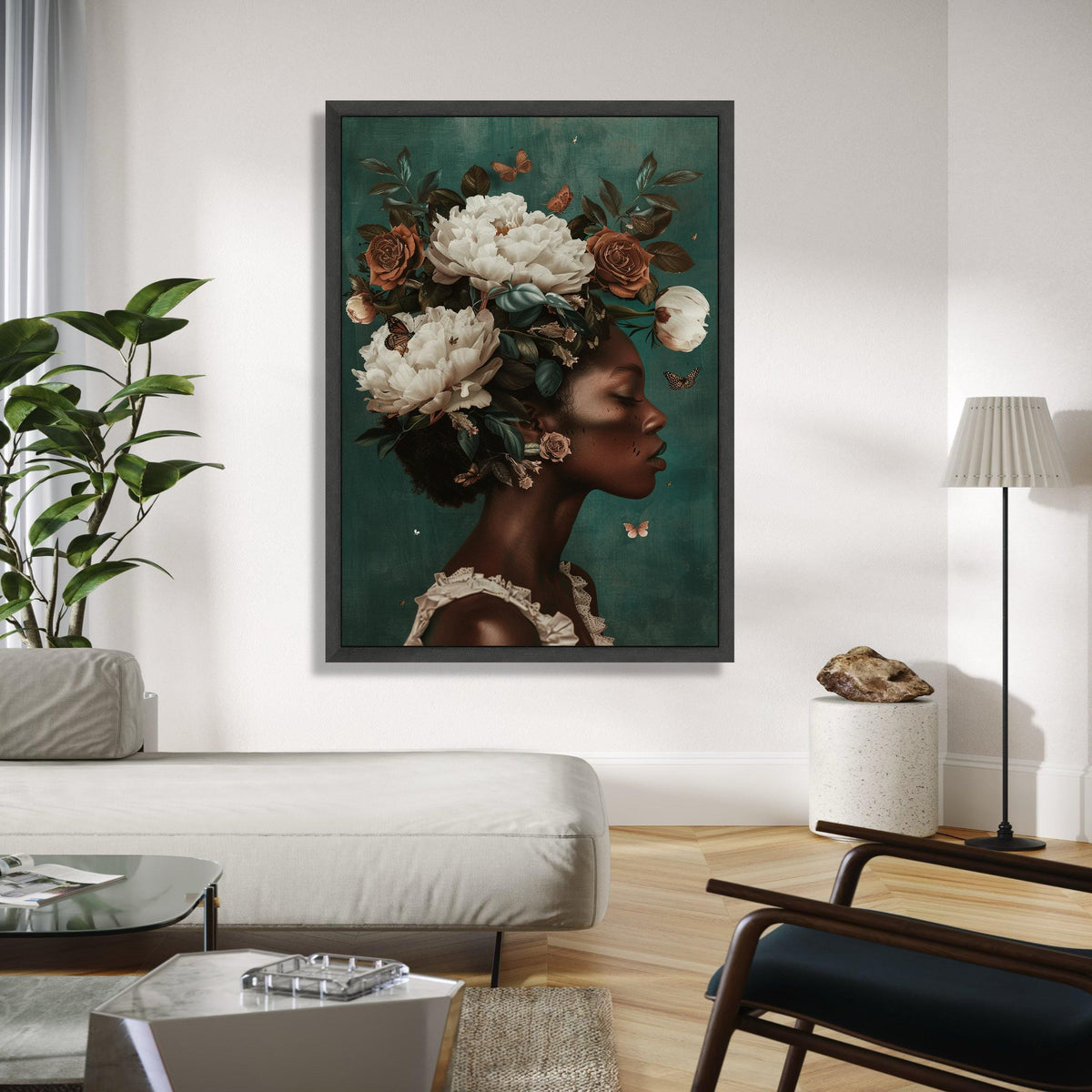 Elegant African Woman Portrait Canvas, Floral Crown Wall Art, Butterfly Decor, Nature Inspired Home Decoration, Gift Art, Home Decor, Print