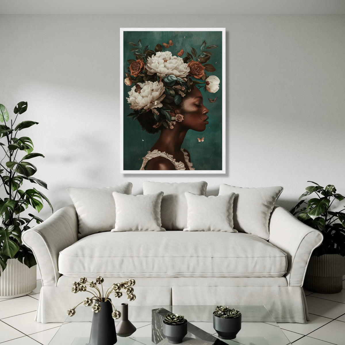 Elegant African Woman Portrait Canvas, Floral Crown Wall Art, Butterfly Decor, Nature Inspired Home Decoration, Gift Art, Home Decor, Print