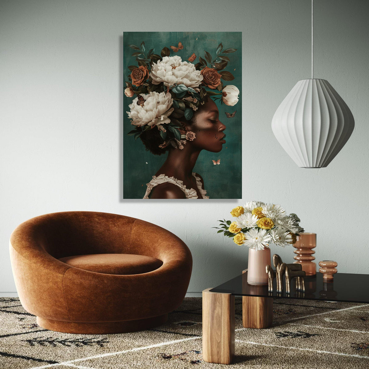 Elegant African Woman Portrait Canvas, Floral Crown Wall Art, Butterfly Decor, Nature Inspired Home Decoration, Gift Art, Home Decor, Print