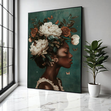 Elegant African Woman Portrait Canvas, Floral Crown Wall Art, Butterfly Decor, Nature Inspired Home Decoration, Gift Art, Home Decor, Print