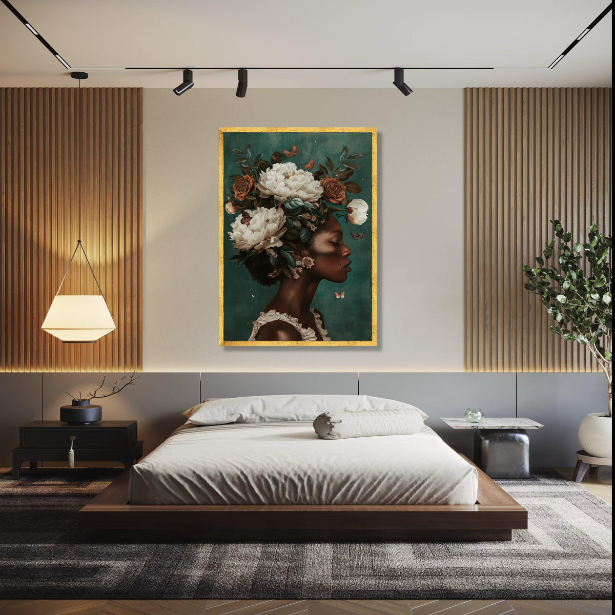 Elegant African Woman Portrait Canvas, Floral Crown Wall Art, Butterfly Decor, Nature Inspired Home Decoration, Gift Art, Home Decor, Print