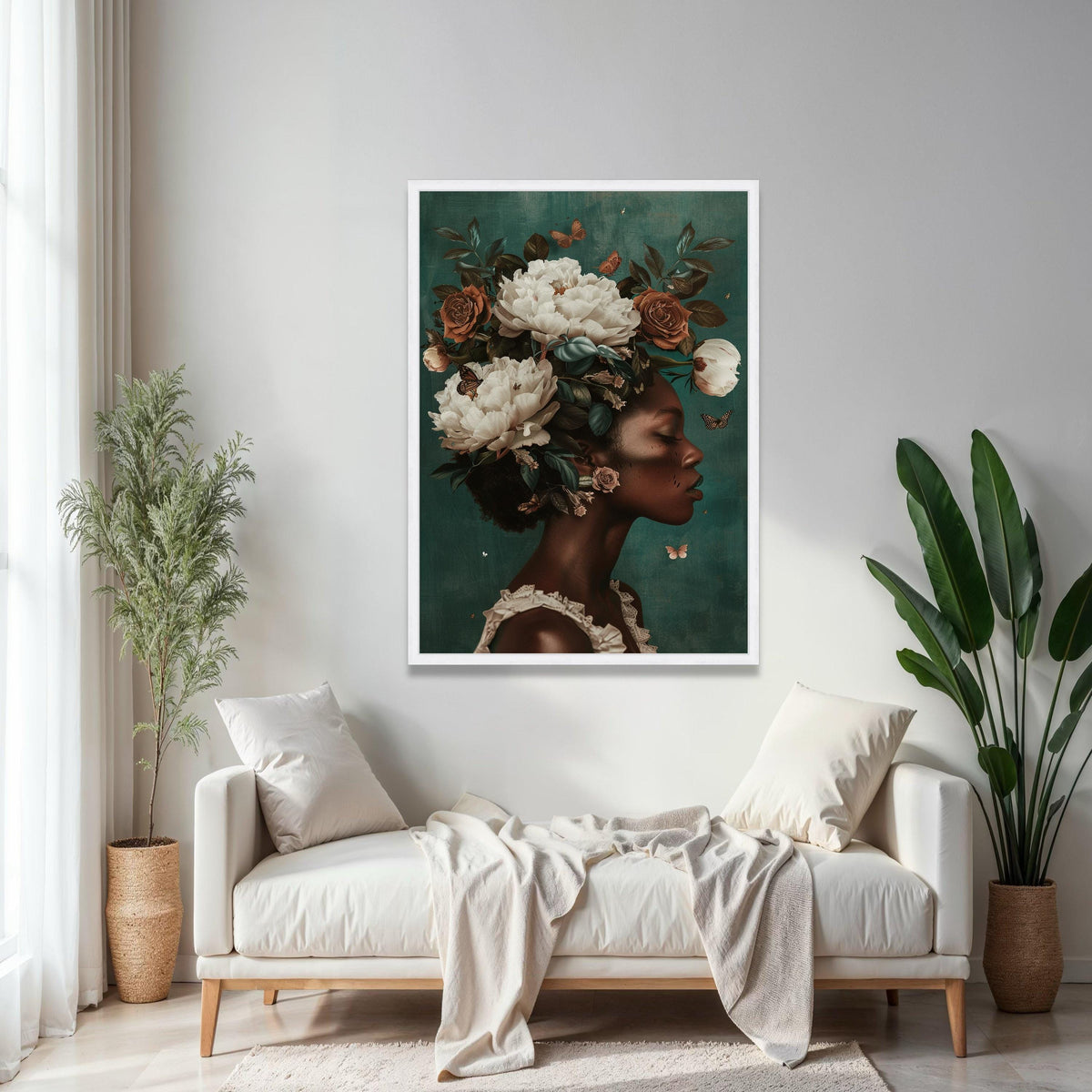 Elegant African Woman Portrait Canvas, Floral Crown Wall Art, Butterfly Decor, Nature Inspired Home Decoration, Gift Art, Home Decor, Print