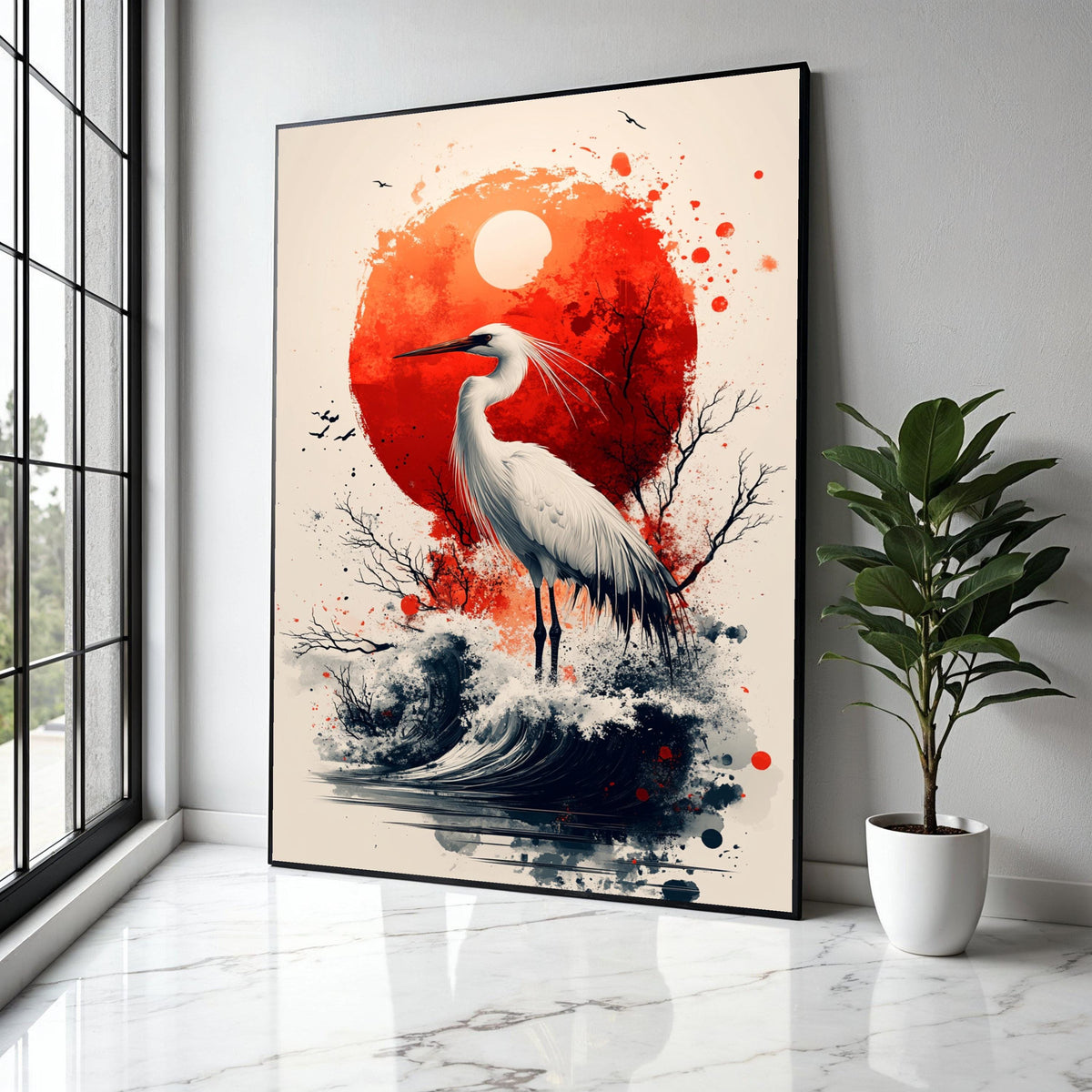 Elegant White Heron Canvas, Red Sun Abstract Art, Japanese Style Wall Decor, Nature Bird Illustration, Coastal Gift Art, Home Decor, Print