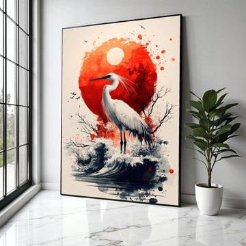 Elegant White Heron Canvas, Red Sun Abstract Art, Japanese Style Wall Decor, Nature Bird Illustration, Coastal Gift Art, Home Decor, Print