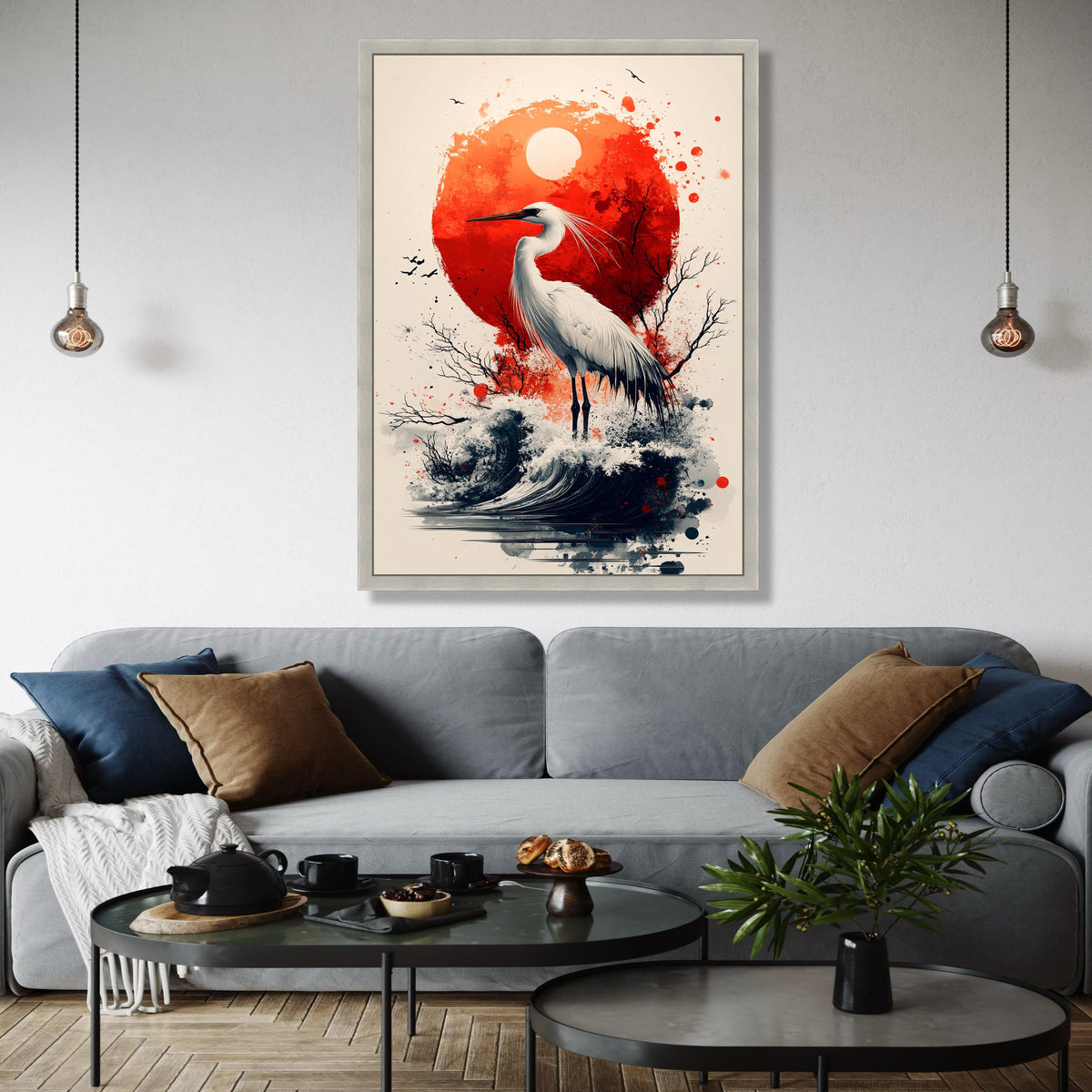 Elegant White Heron Canvas, Red Sun Abstract Art, Japanese Style Wall Decor, Nature Bird Illustration, Coastal Gift Art, Home Decor, Print