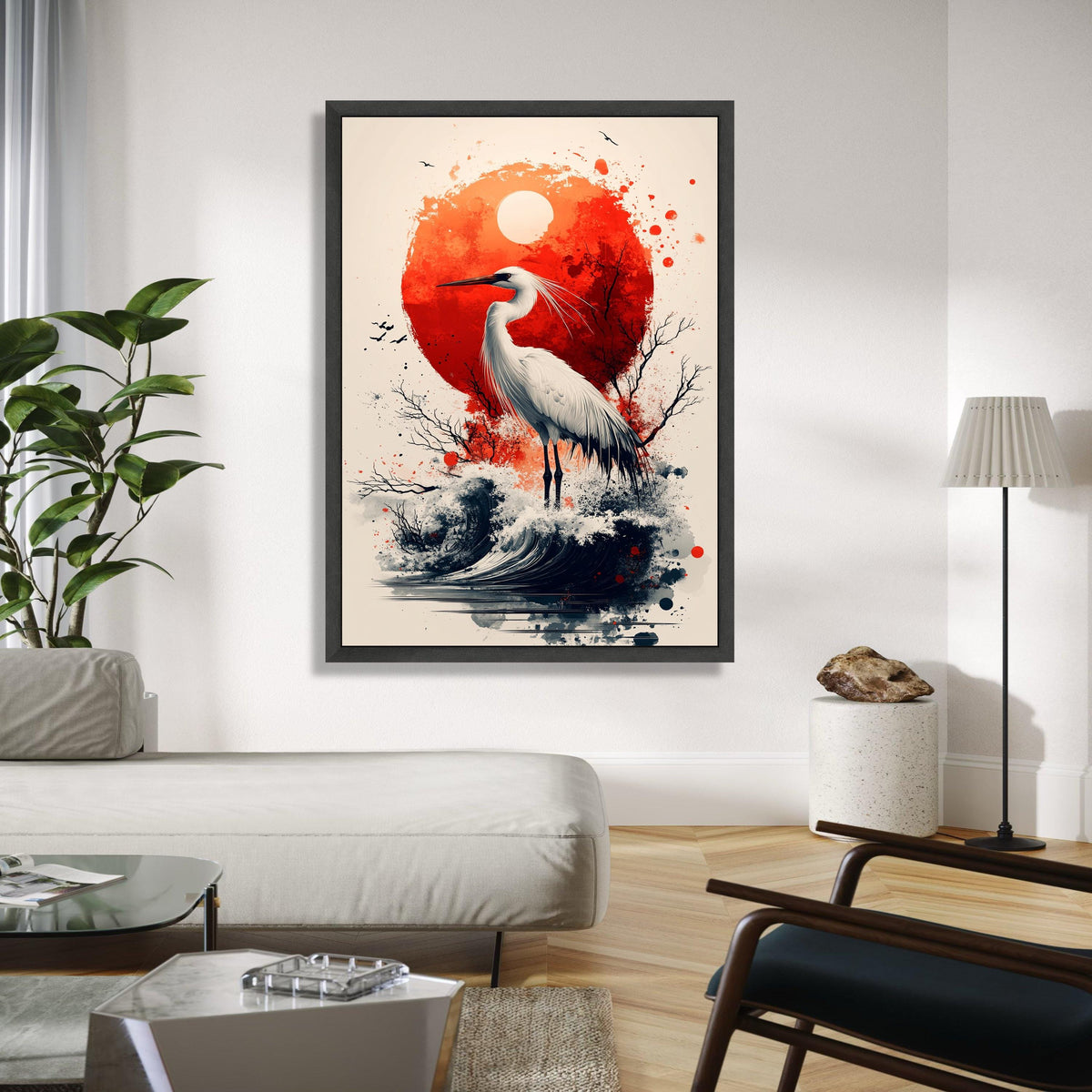 Elegant White Heron Canvas, Red Sun Abstract Art, Japanese Style Wall Decor, Nature Bird Illustration, Coastal Gift Art, Home Decor, Print