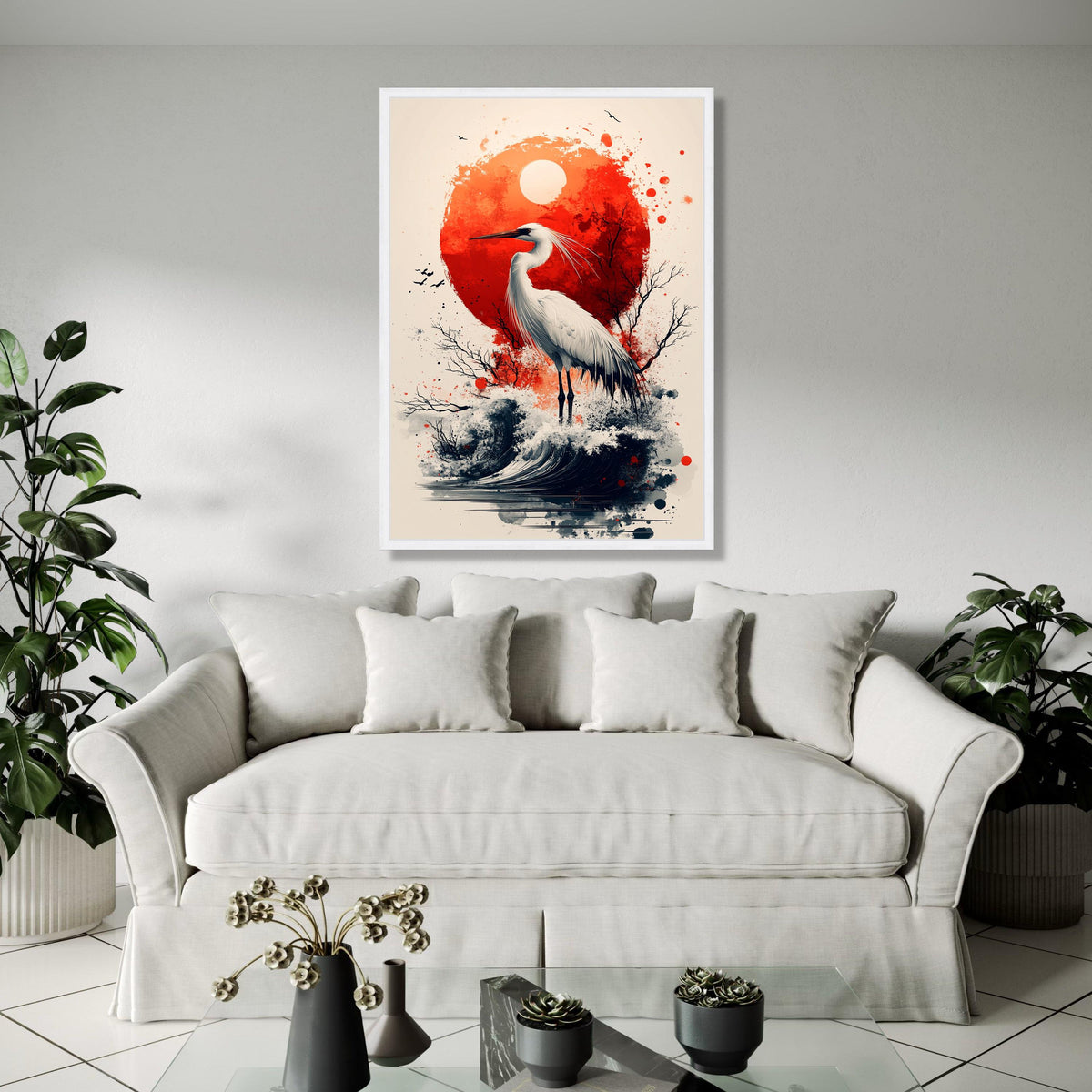 Elegant White Heron Canvas, Red Sun Abstract Art, Japanese Style Wall Decor, Nature Bird Illustration, Coastal Gift Art, Home Decor, Print