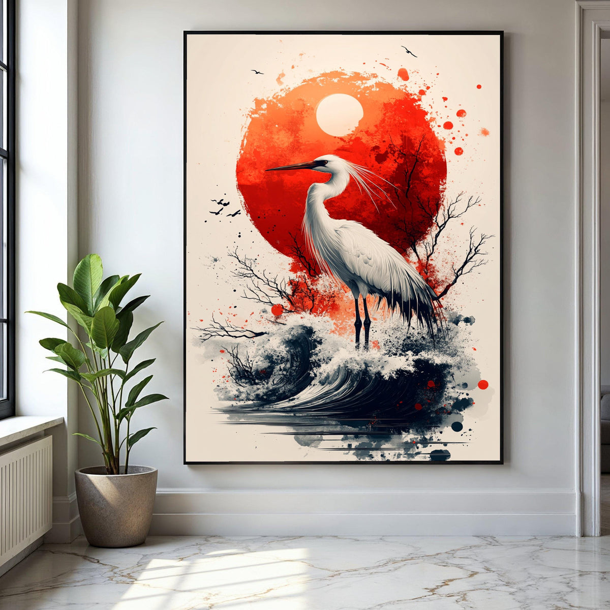 Elegant White Heron Canvas, Red Sun Abstract Art, Japanese Style Wall Decor, Nature Bird Illustration, Coastal Gift Art, Home Decor, Print