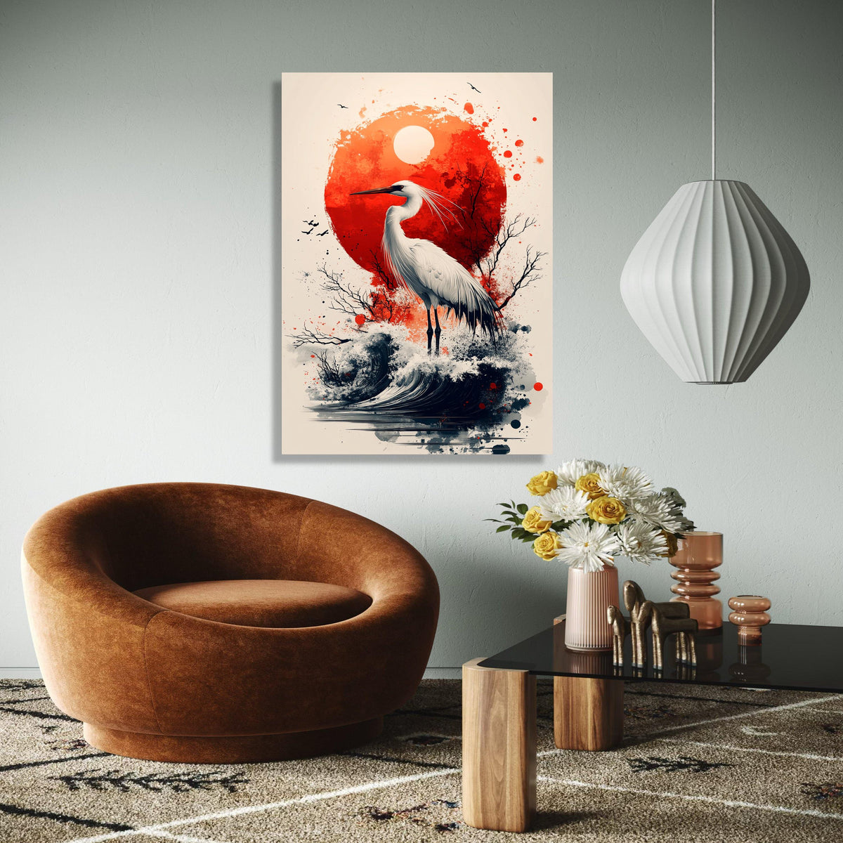 Elegant White Heron Canvas, Red Sun Abstract Art, Japanese Style Wall Decor, Nature Bird Illustration, Coastal Gift Art, Home Decor, Print