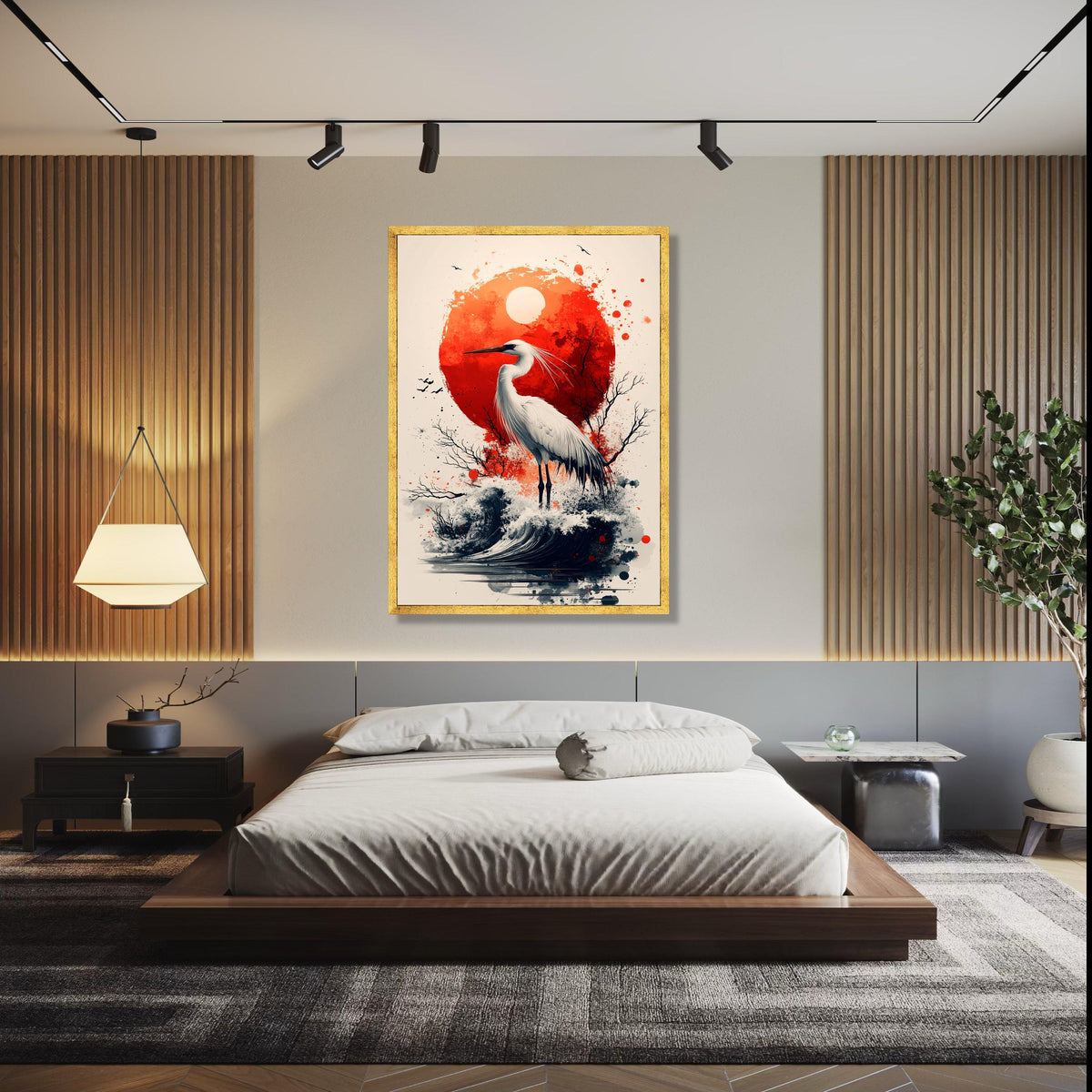Elegant White Heron Canvas, Red Sun Abstract Art, Japanese Style Wall Decor, Nature Bird Illustration, Coastal Gift Art, Home Decor, Print